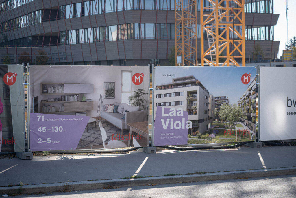 View of the construction site of the new Laa Viola residential complex next to Violapark